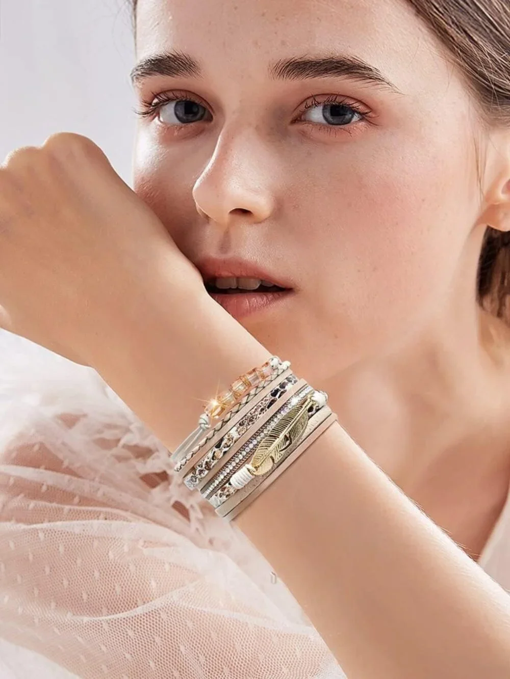 Stylish 3-Pack Leather Cuff Bracelets Set | Multilayer Wrap, Crystal & Feather
